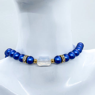Collier Perles de Cristal L’Imperial Bleu : collier choker ou ras de cou, perles de cristal Swarovski, perle centrale taille émeraude